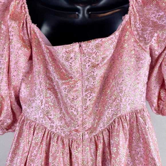 SAU LEE Arabella Mini Dress in Candy Pink Jacquard Floral Bow Puff Sleeve US 8 - Picture 7 of 9